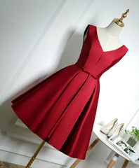 Simple Burgundy Satin V Neck Short Prom Dress, Evening Dress