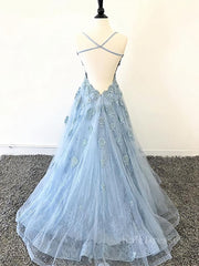 Scoop Neck Light Blue Backless Lace Prom Dresses, Scoop Neck Blue Lace Formal Evening Dresses