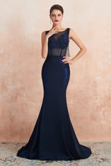 See-Through Tassel Mermaid Beaded Navy Blue Prom Dresses