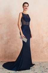 See-Through Tassel Mermaid Beaded Navy Blue Prom Dresses