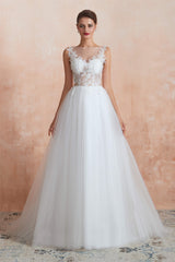 Sequins White Tulle Affordable Wedding Dresses with Appliques