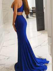 Sheath/Column Halter Sweep Train Jersey Prom Dresses With Leg Slit