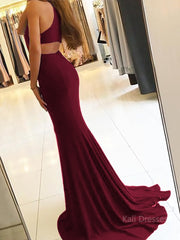 Sheath/Column Halter Sweep Train Jersey Prom Dresses With Leg Slit