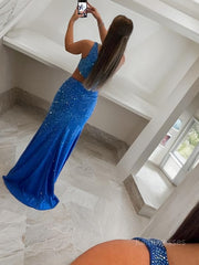 Sheath/Column One-Shoulder Sweep Train Jersey Prom Dresses With Leg Slit