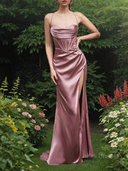 Sheath/Column Spaghetti Straps Sweep Train Elastic Woven Satin Prom Dresses With Leg Slit