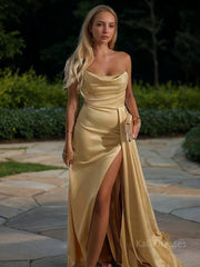 Sheath/Column Strapless Sweep Train Elastic Woven Satin Prom Dresses With Leg Slit