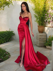 Sheath/Column Sweetheart Sweep Train Elastic Woven Satin Prom Dresses With Leg Slit