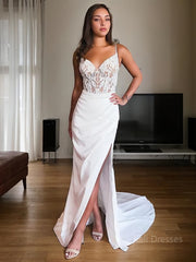 Sheath/Column V-neck Court Train Stretch Crepe Wedding Dresses With Leg Slit