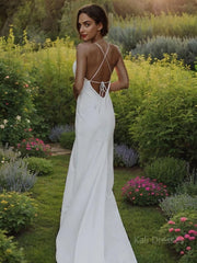 Sheath/Column V-neck Sweep Train Stretch Crepe Wedding Dresses With Leg Slit