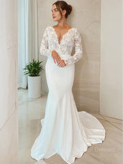 Sheath/Column V-neck Sweep Train Stretch Crepe Wedding Dresses