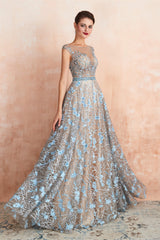 Sheer A-Line Lace Sequin Jewel Long Prom Dresses with Crystals