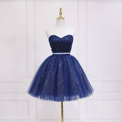 Shiny Blue Tulle Sweetheart Homecoming Dress Party Dress, Navy Blue Short Prom Dress