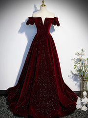 Shiny Off the Shoulder Burgundy Long Prom Dresses, Off Shoulder Wine Red Formal Evening Dresses