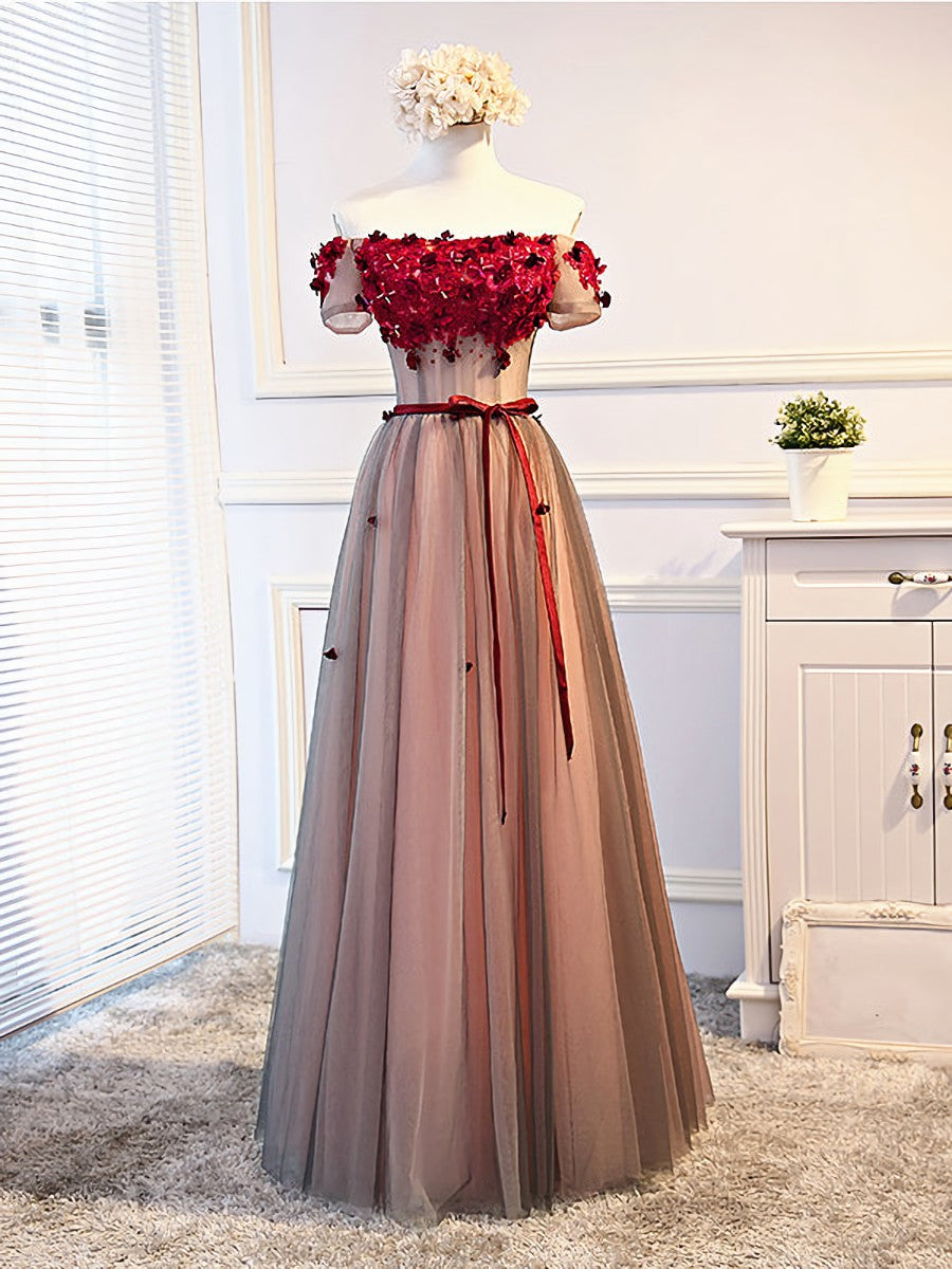 Short Sleeves Burgundy Floral Long Prom Dresses, Burgundy Floral Formal Bridesmaid Dresses