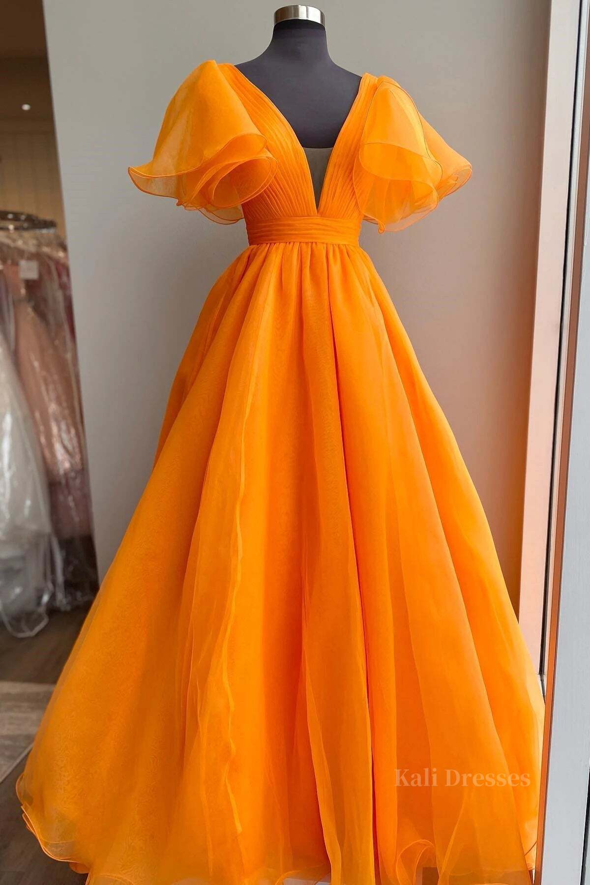 Short Sleeves Orange Long Prom Dresses, Orange Long Formal Evening Dresses