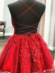 Short V Neck Red Lace Prom Dresses, V Neck Short Red Lace Graduation Homecoming Dresses