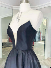 Simple black satin long prom dress, black evening dress