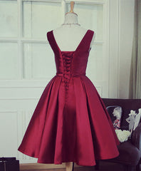 Simple Burgundy V Neck Short Prom Dress, Burgundy Evening Dress