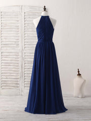 Simple Dark Blue Chiffon Long Prom Dress Blue Bridesmaid Dress