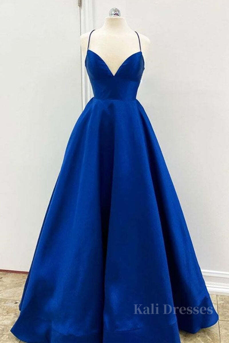 Simple V Neck Backless Royal Blue Satin Long Prom Dress, Royal Blue Backless Formal Dress, Royal Blue Evening Dress, Ball Gown