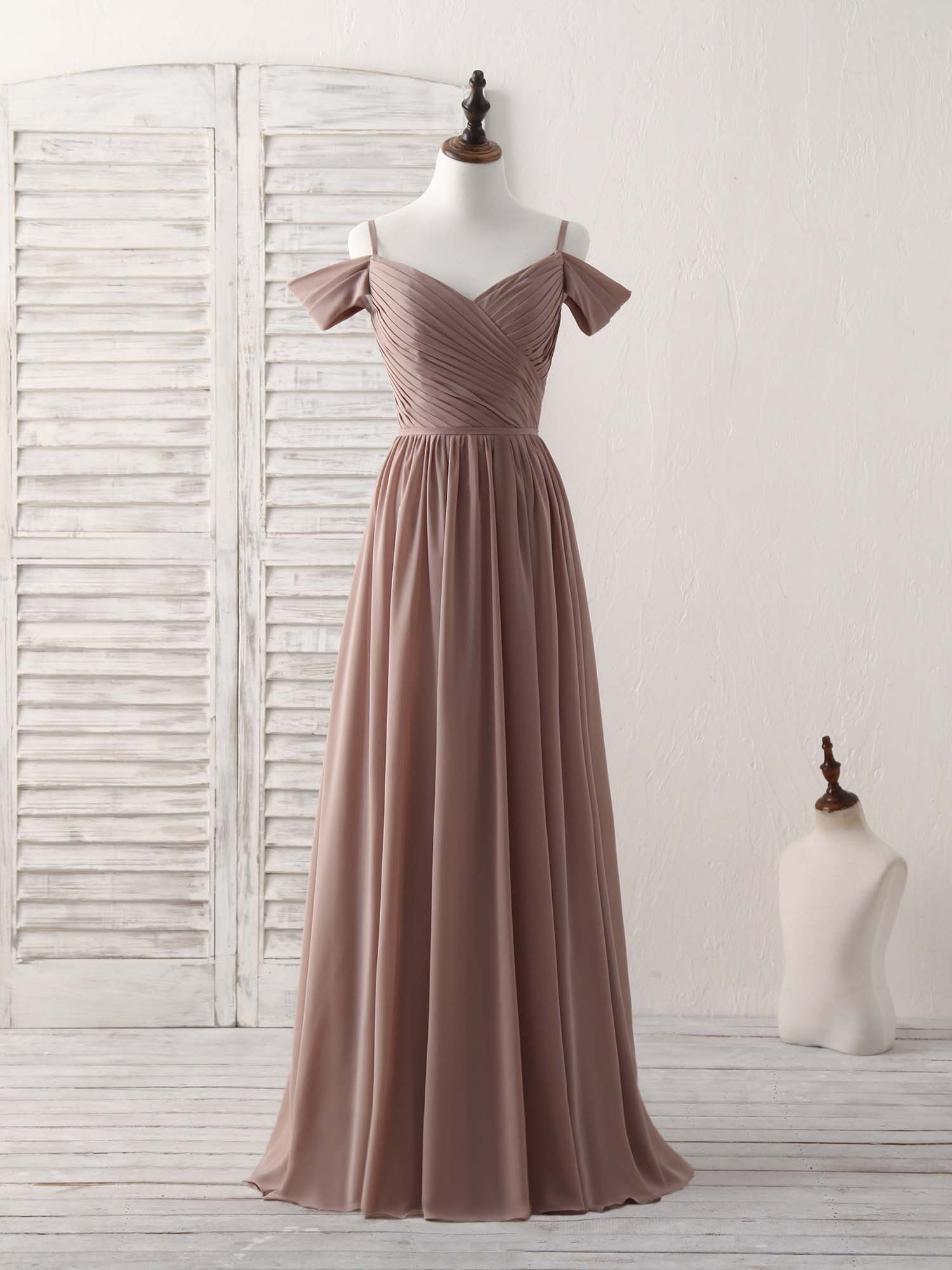 Simple V Neck Dark Champagne Chiffon Long Prom Dress, Bridesmaid Dress