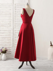 Simple V Neck High Low Prom Dress Burgundy Evening Dress