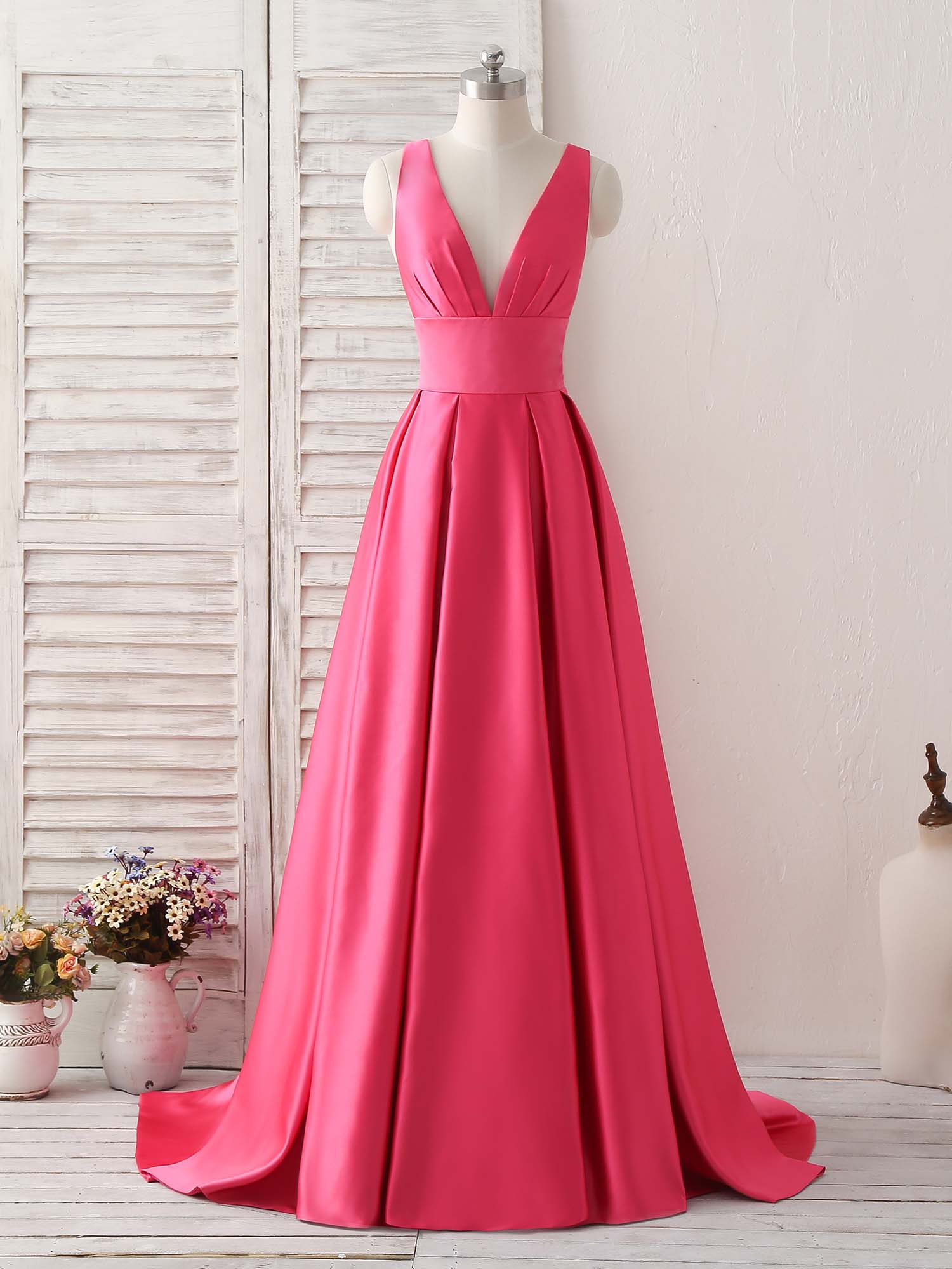 Simple V Neck Long Prom Dress Backless Evening Dress