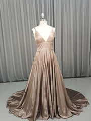 Simple v neck satin champagne long prom dress champagne evening dress