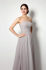 Strapless A Line Chiffon Long Silver Bridesmaid Dresses