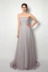 Strapless A Line Chiffon Long Silver Bridesmaid Dresses