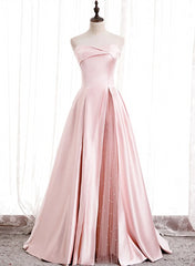 Strapless A-line Pink Satin Prom Dresses, Pink Satin Long Party Dress