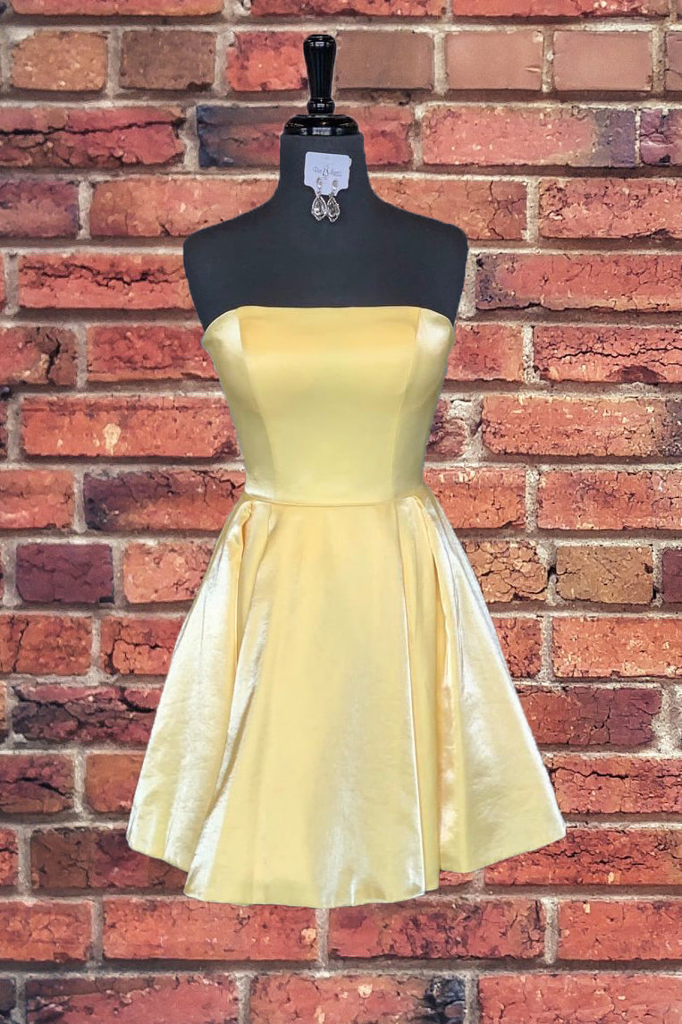 Strapless Lace-Up Yellow Satin Homecoming Dress,Short Cocktail Dresses