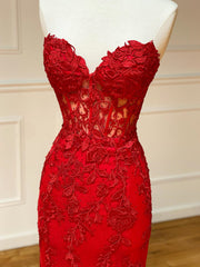 Strapless Red Lace Mermaid Long Prom Dresses, Red Mermaid Long Lace Formal Evening Dresses