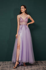 Stunning Front Split Spaghetti Straps Long A Line Beaded Prom Dresses