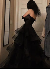 Sweetheart Black Rufflue Long Prom Evening Dress