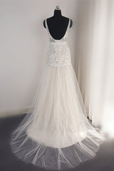 Trendy Ivory Sleeveless Lace Tulle High split A line Wedding Dress