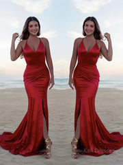 Trumpet/Mermaid Halter Sweep Train Silk like Satin Prom Dresses With Leg Slit