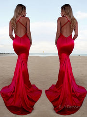 Trumpet/Mermaid Halter Sweep Train Silk like Satin Prom Dresses With Leg Slit