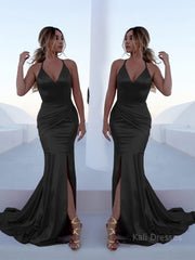 Trumpet/Mermaid Halter Sweep Train Silk like Satin Prom Dresses With Leg Slit