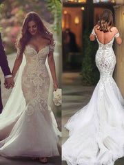 Trumpet/Mermaid Off-the-Shoulder Chapel Train Tulle Wedding Dresses