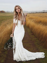 Trumpet/Mermaid Off-the-Shoulder Court Train Lace Wedding Dresses