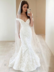 Trumpet/Mermaid Off-the-Shoulder Sweep Train Lace Wedding Dresses