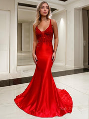 Trumpet/Mermaid V-neck Court Train Elastic Woven Satin Prom Dresses With Appliques Lace