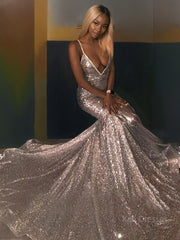 Trumpet/Mermaid V-neck Court Train Sequins Prom Dresses