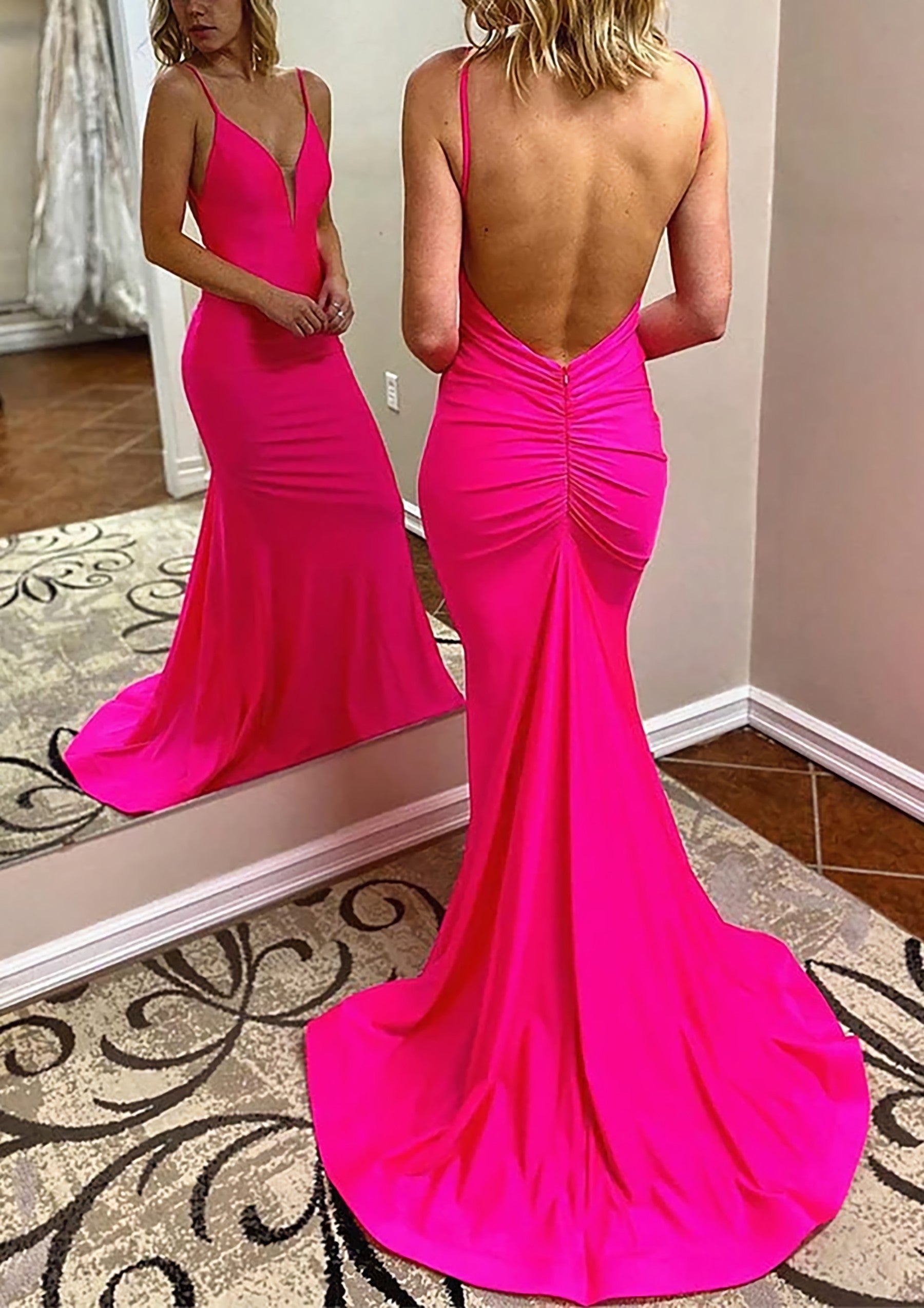 Trumpet Mermaid V Neck Spaghetti Straps Court Train Jersey Prom Dress With Pleated