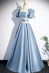 Unique Blue Satin Long Prom Dress, A-Line Short Sleeve Blue Evening Dress