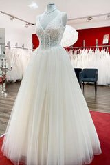 Unique Ivory Long Princess V-neck Tulle Lace Wedding Dress