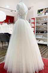 Unique Ivory Long Princess V-neck Tulle Lace Wedding Dress