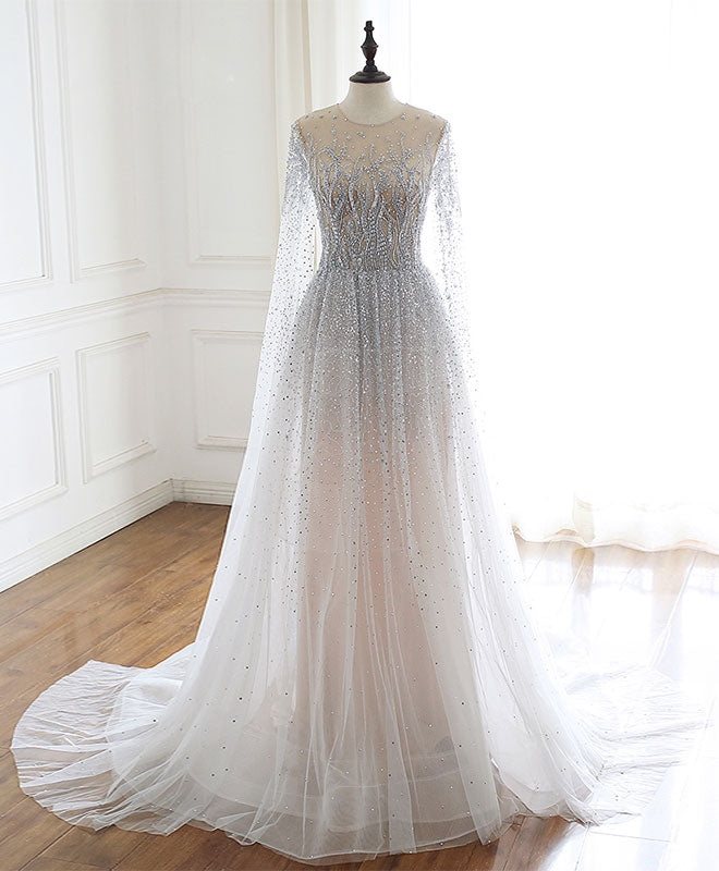 Unique Round Neck Tulle Sequin Beads Long Prom Dress