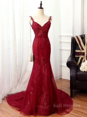 V Neck Burgundy Mermaid Lace Prom Dresses, Wine Red Mermaid Lace Formal Bridesmaid Dresses